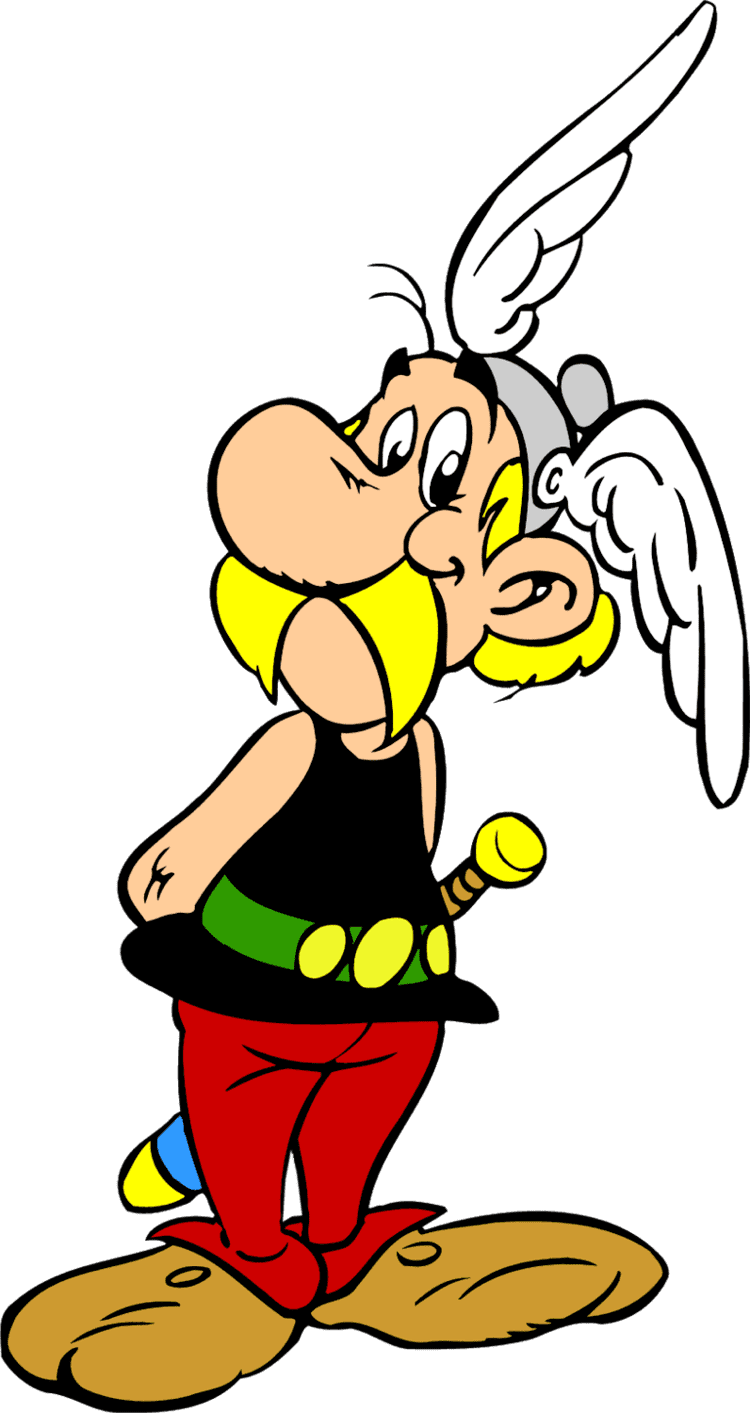 Asterix smiling with a yellow mustache and wings on his head and wearing a black top, green and yellow belt, red pants, and brown shoes