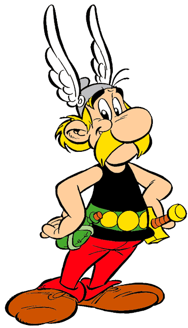 Asterix smiling while hands on his hips with wings on his head and wearing a black top, green and yellow belt, red pants, and brown shoes