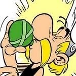 Asterix drinking water from his green jar