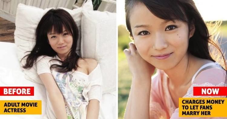 On the left, Asuka Hoshino lying on a bed with pillows and wearing a white shirt. On the right, Asuka Hoshino smiling and wearing a pink dress with white lace.
