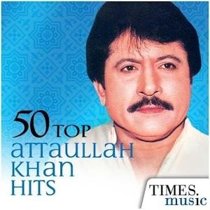 Attaullah Khan Esakhelvi with mustache while wearing white long sleeves with a caption "50 top Attaullah Khan hits"