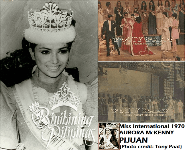 On the left, Aurora Pijuan smiling, wearing a crown, a sash, and a gown. On the left, footages from Miss International 1970 which Aurora Pijuan won.