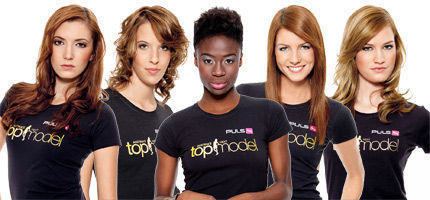 Five aspiring models compete for the title of Austria's Next Topmodel. Some are smiling and others having a fierce look while wearing black shirts with Austria's Next Topmodel print at the center