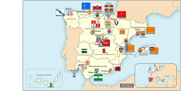 Autonomous communities of Spain Spain Clubs in La Liga by Autonomous Communities billsportsmapscom