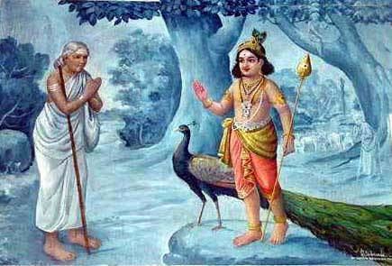 Avvaiyar waving her hand to Paramacharya while wearing a white dress at the forest