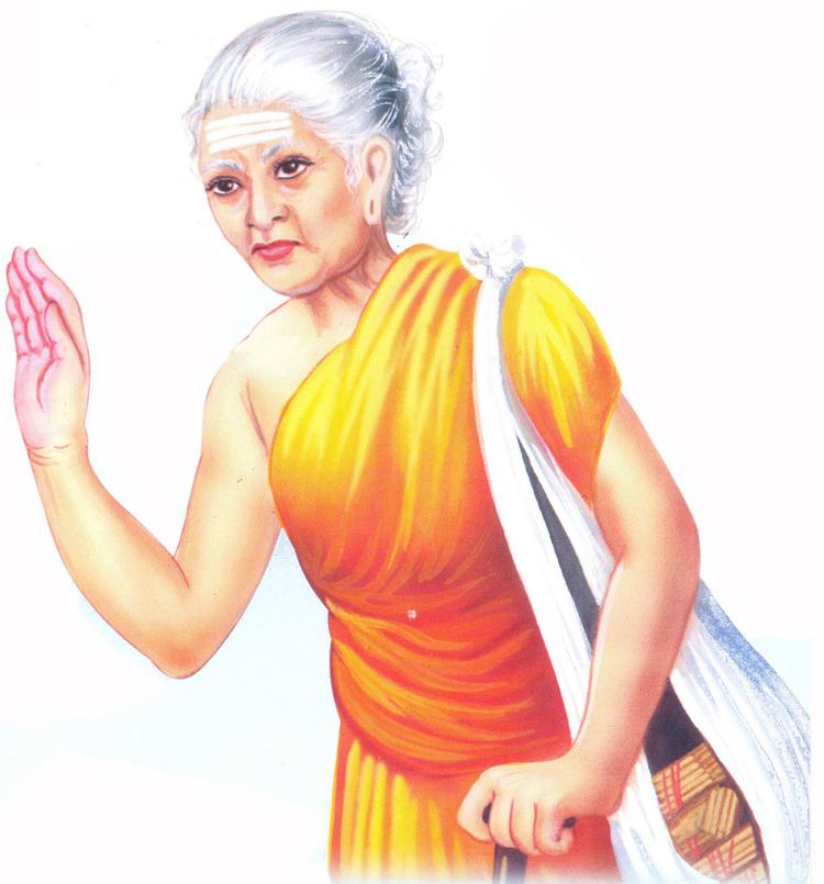Avvaiyar raising her hand and carrying a white bag while wearing an orange dress
