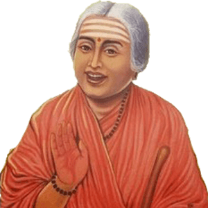 Avvaiyar smiling while waving her hand and wearing a red dress, necklace, and bracelet