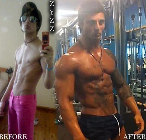 On the left, Aziz Shavershian before joining bodybuilding. On the right, Aziz Shavershian after joining bodybuilding.