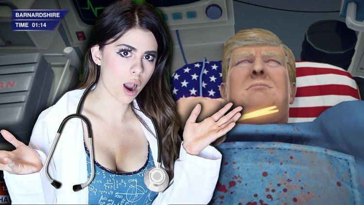 Azzyland with a shocked face, both hands up, has long wavy hair, a stethoscope on her shoulder, and wears a blue cleavage showing top under a white coat. Beside her is Donald Trump on a Surgeon Stimulator, has white hair, his head on the USA flag pillow, and wearing a blue hospital gown with blood.