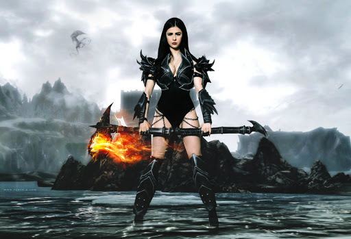 Azzyland with a fierce look while carrying a black Daedric weapon, and wearing a creative cosplay costume of black Daedric Armor and boots.