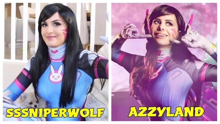 On the left, SSSniperwolf smiling with a dog beside her, with long black hair, with a pink tattoo on her left cheek, wearing a multi-colored cosplay costume with a bunny print on the center of D.Va. On the right, Azzyland smiling while pointing her fingers at her face, with a pink tattoo on her left cheek, wearing headphones, and a multi-colored cosplay costume of D.Va.