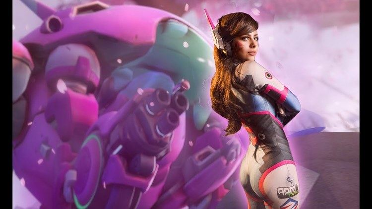 On the left, D.Va, a Tank hero in Overwatch. On the right, Azzyland with a serious face, long wavy hair, tattoos on her right arm and legs, wearing headphones, and a multi-colored cosplay costume of D.Va.