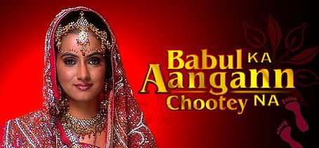 A promotional logo image of Babul Ka Aangann Chootey Na featuring Aastha Chaudhary while smiling and wearing a red veil and hair jewelry