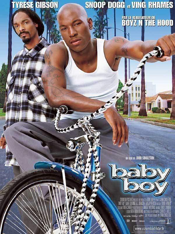 A movie poster of Baby Boy (2001) featuring Snoop Dogg as Rodney on the left & Tyrese Gibson as Joseph Summers on the right riding a bicycle.