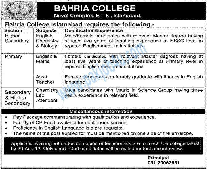 Bahria College Islamabad Bahria College Islamabad Jobs