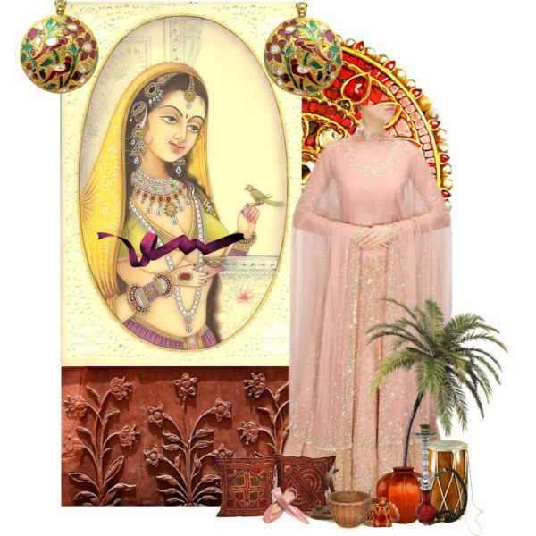 On the left, a portrait of Bakshi Banu Begum wearing a yellow veil, yellow top, and jewelry while on the right, a pink dress on a mannequin
