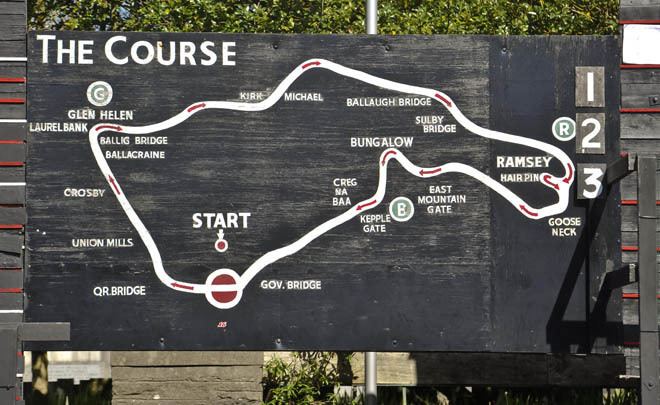 Map of the TT Motorcycle course marked out on public roads on the Isle of Man, Britain. The Isle of Man with its capital city, Douglas is located. From Qr Bridge, Union Mills, Crosby, Ballacraine, Ballig Bridge, Laurel Bank, Kirk, Michael, Ballaugh Bridge, Sulby Bridge, Ramsey hairpin, Goose neck, East Mountain Gate, Bungalow, Kepple Gate, Cregnabaa to Gov. Bridge