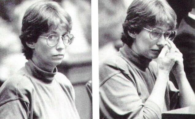 Barbara Stager wearing a jacket and a pair of glasses, crying on the second picture