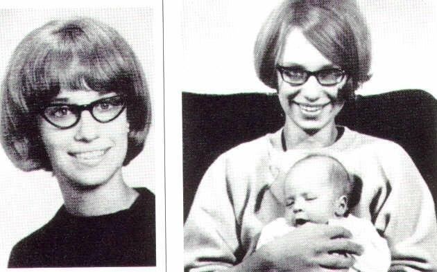 Barbara Stager carrying her baby, wearing eyeglasses