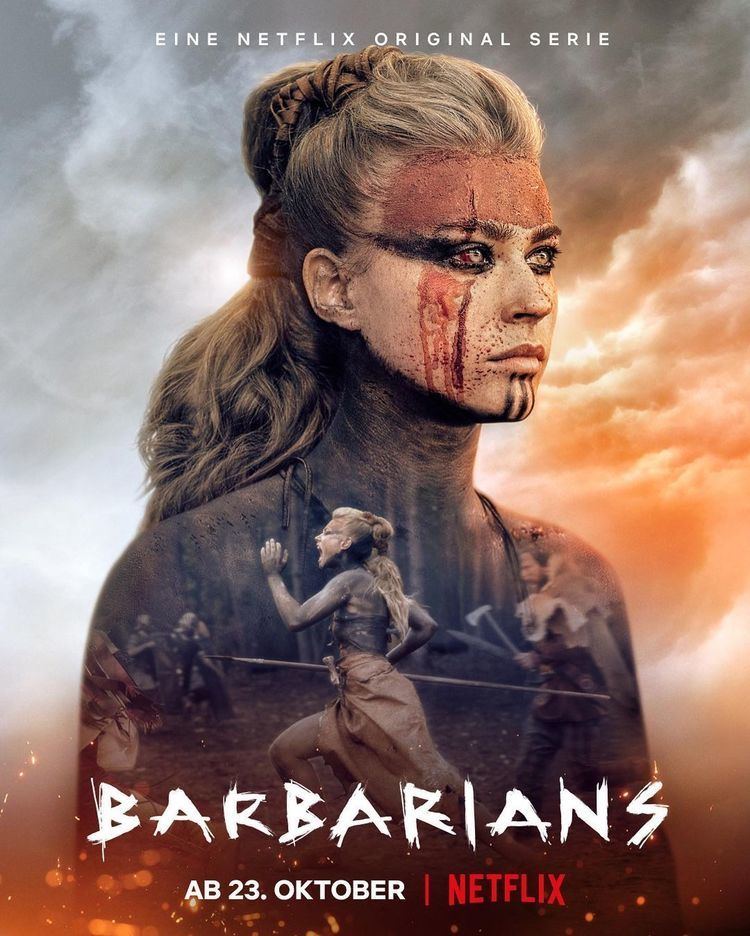 Poster of Barbarians, a 2020 German historical war drama television series starring Jeanne Goursaud	as Thusnelda with a serious face, with wounds and blood on her face and running while holding a spear.