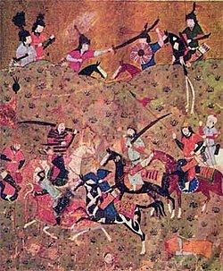 Part of the Seljuk-Ghaznavid Wars in an Artwork of the battle of Dandanaqan where Seljuq raiders harassed the Ghaznavid army with hit-and-run tactic