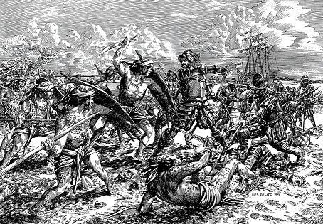 A black and white drawing of the Battle of Mactan. A fight between Lapulapu's warriors and Ferdinand Magellan's small force. Lapulapu's warriors are wearing bahag while Ferdinand Magellan's force are wearing the full suit of armour