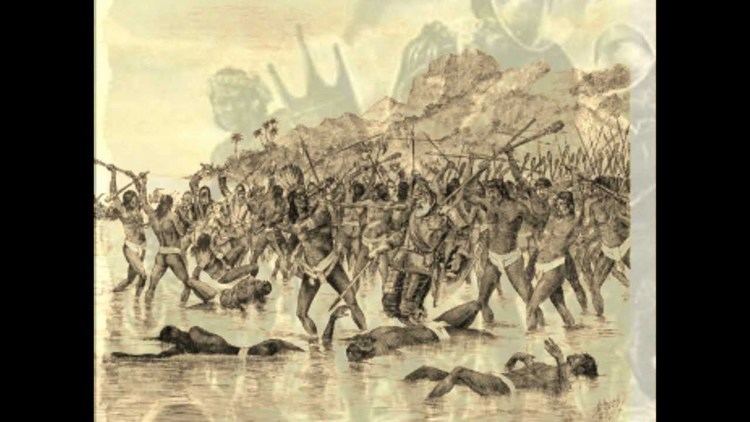 Battle of Mactan, a fight between the warriors of Lapulapu and Ferdinand Magellan's small force. Spaniards were immediately attacked by the natives with a heavy barrage of ranged weapons, consisting of arrows, iron-tipped "bamboo" throwing spears, fire-hardened sticks, and even stones. Lapulapu's warriors are wearing bahag while Ferdinand Magellan's force are wearing the full suit of armour