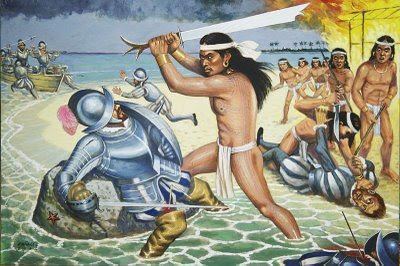 A painting of a native Manobo warrior slaying a Spanish soldier during the battle between the Rajahnate of Bukidnon and the Spanish forces. Manobo warriors are wearing a white bahag while the Spanish forces are wearing the complete suit of armor