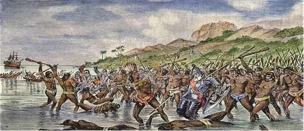 Battle of Mactan, a fight between the warriors of Lapulapu and Ferdinand Magellan's small force. Spaniards were immediately attacked by the natives with a heavy barrage of ranged weapons, consisting of arrows, iron-tipped "bamboo" throwing spears, fire-hardened sticks, and even stones. Lapulapu's warriors are wearing bahag while Ferdinand Magellan's force are wearing the full suit of armour