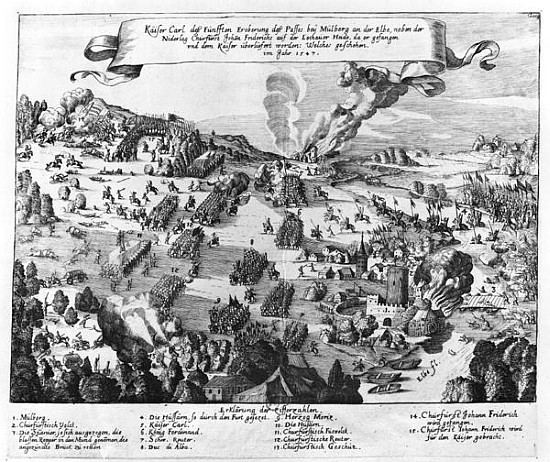 Battle of Mühlberg General view of the battle of Muhlberg German School as art print