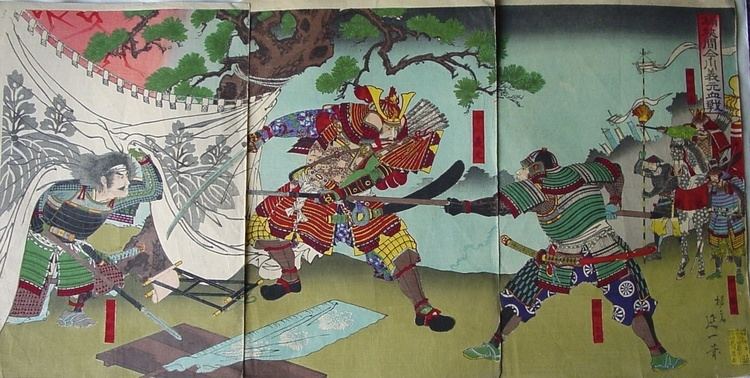 Battle of Okehazama Japanese Signed Woodblock Triptych The Battle of Okehazama Yosai