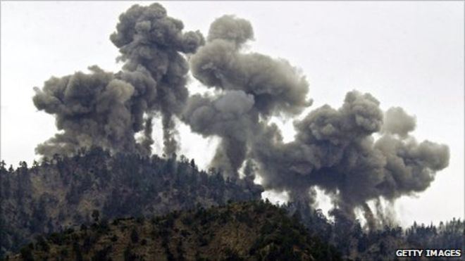 Smoke coming out of the Tora Bora mountains brought by the aerial bombardment.