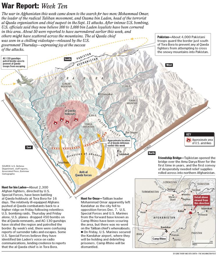 The map of the Tora Bora mountains being used to devise a strategy after information about Bin Ladens hiding place.