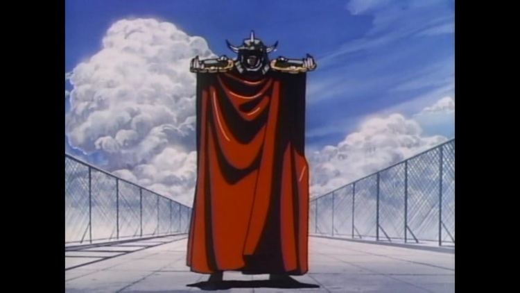 A man standing and facing the sea of clouds on a bridge, a clip from a 1986 animation movie “Battle Royal High School”, wearing a red costume