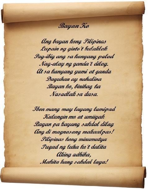 The lyrics of "Bayan ko" written in the vintage paper
