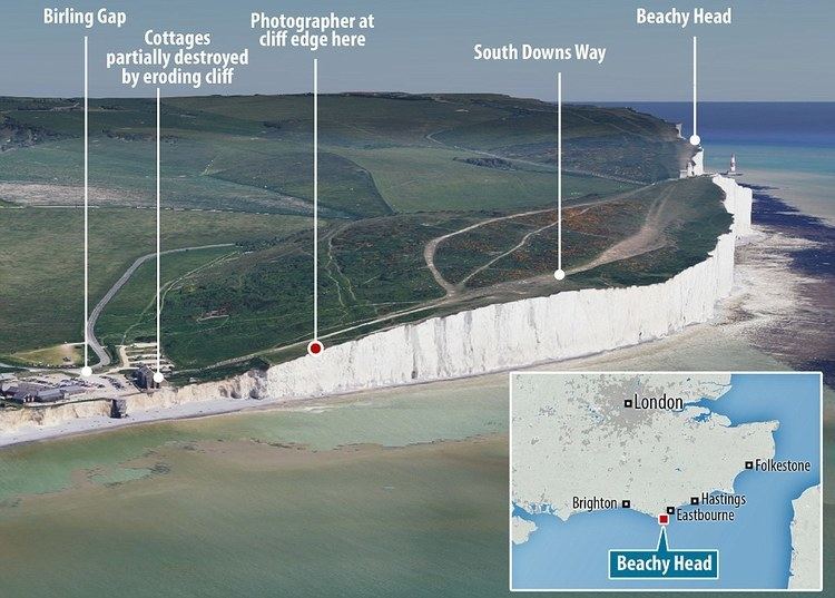 The location of Beachy Head with a map in East Sussex, England, situated close to Eastbourne, immediately east of the Seven Sisters.
