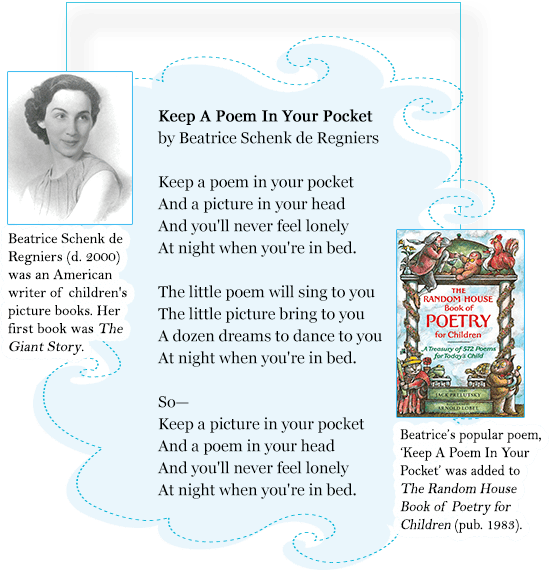 Beatrice Schenk de Regniers Keep A Poem In Your Pocket a poem by Beatrice Schenk de Regniers