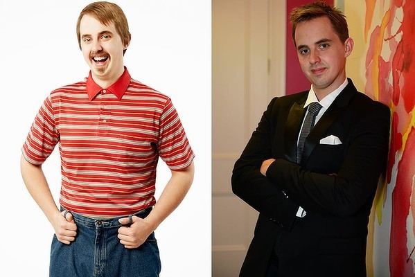 On the left, a man with blonde hair and wearing a red-striped polo shirt and jeans. On the right, a man (the same man on the left picture) wearing a black suit and a tie.