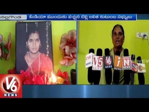 On the left is Belli Lalitha’s funeral photo, with a candle and flowers, on the right is a woman speaking in front of microphones from newscasters, CVR news, V5 news, V6 news, I news, N, news, Tv 5 news, has black hair and a bindi wearing yellow Saree in V6 NEWS.
