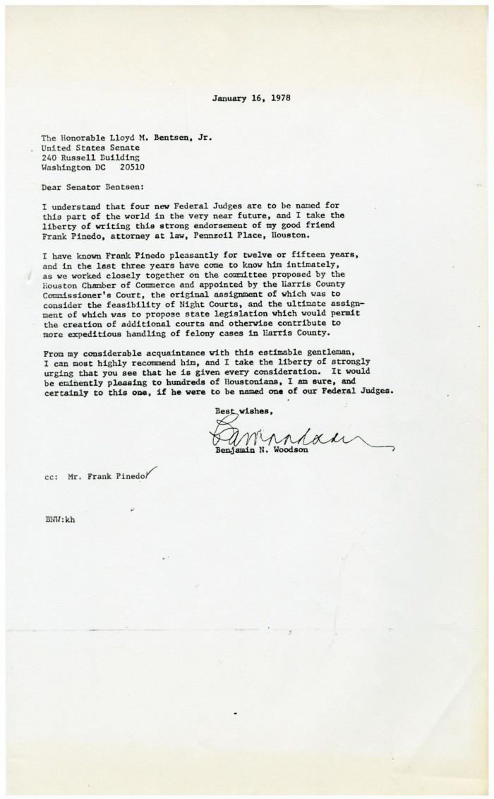Benjamin N. Woodson Letter from Benjamin N Woodson to Lloyd Bentsen 19780116 The