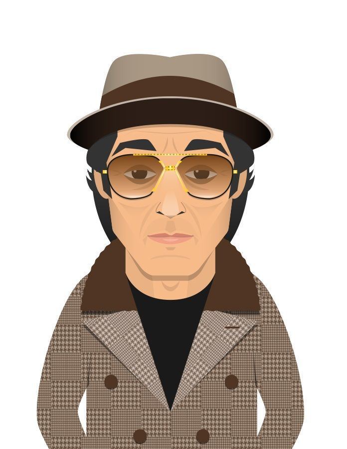A cartoon illustration of Benjamin Ruggiero looking serious, wearing a black shirt under a brown coat, sunglasses, and a brown hat