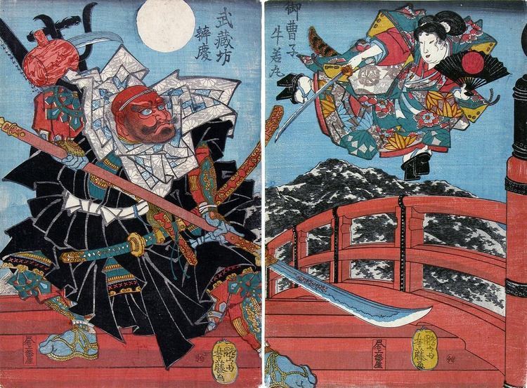 Benkei Yoshifuji Yoshitsune fighting Benkei on Gojo bridge