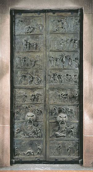 The Bernward Doors are the two leaves of a pair of Ottonian or Romanesque bronze doors, made for Hildesheim Cathedral in Germany.  The doors show relief images from the Bible, scenes from the Book of Genesis on the left door, and from the life of Jesus on the right door.