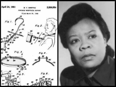 On the left, is a drawing of a portable receptacle support patent invented by Bessie Blount Griffin. On the right, Bessie Blount Griffin with a serious face and wearing a black blouse.