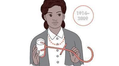 An illustration of Bessie Blount Griffin, an American nurse-inventor on how to use portable receptacle support.