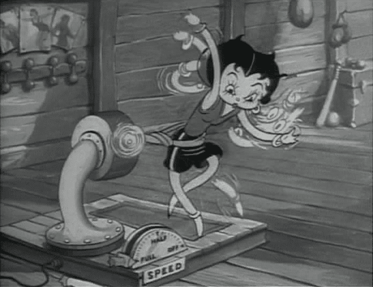 Betty Boop and Little Jimmy movie scenes  Betty and Jimmy get a few laughs when the girl is left in the gym on a reducing machine set at high speed while the youngster runs out for an 