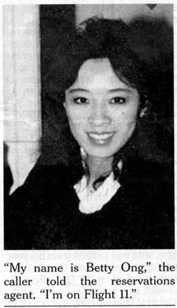Betty Ong smiling while wearing a black and white blouse and a conversation between Betty Ong and the reservations agent