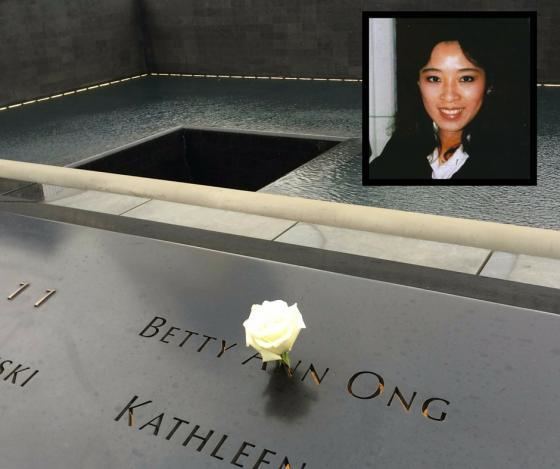 Betty Ong's name at the 9/11 memorial and on the upper right, Betty Ong smiling while wearing a black and white blouse