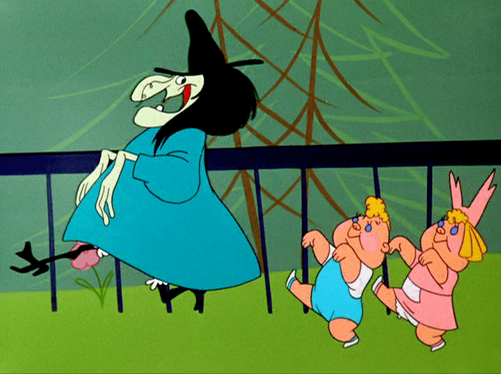 Bewitched Bunny movie scenes  apparently is responsible for the scene when the witch answers the door and twiddles her crooked fingers in all directions when talking with Bugs Bunny 