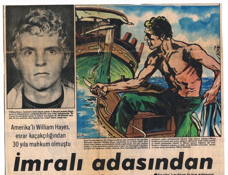 On the left, Billy Hayes featured in a newspaper while, on the right, a fisherman and a sand boats